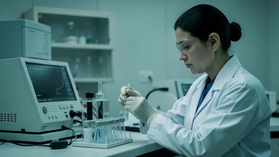 Pesquisadora analisando amostras laboratoriais