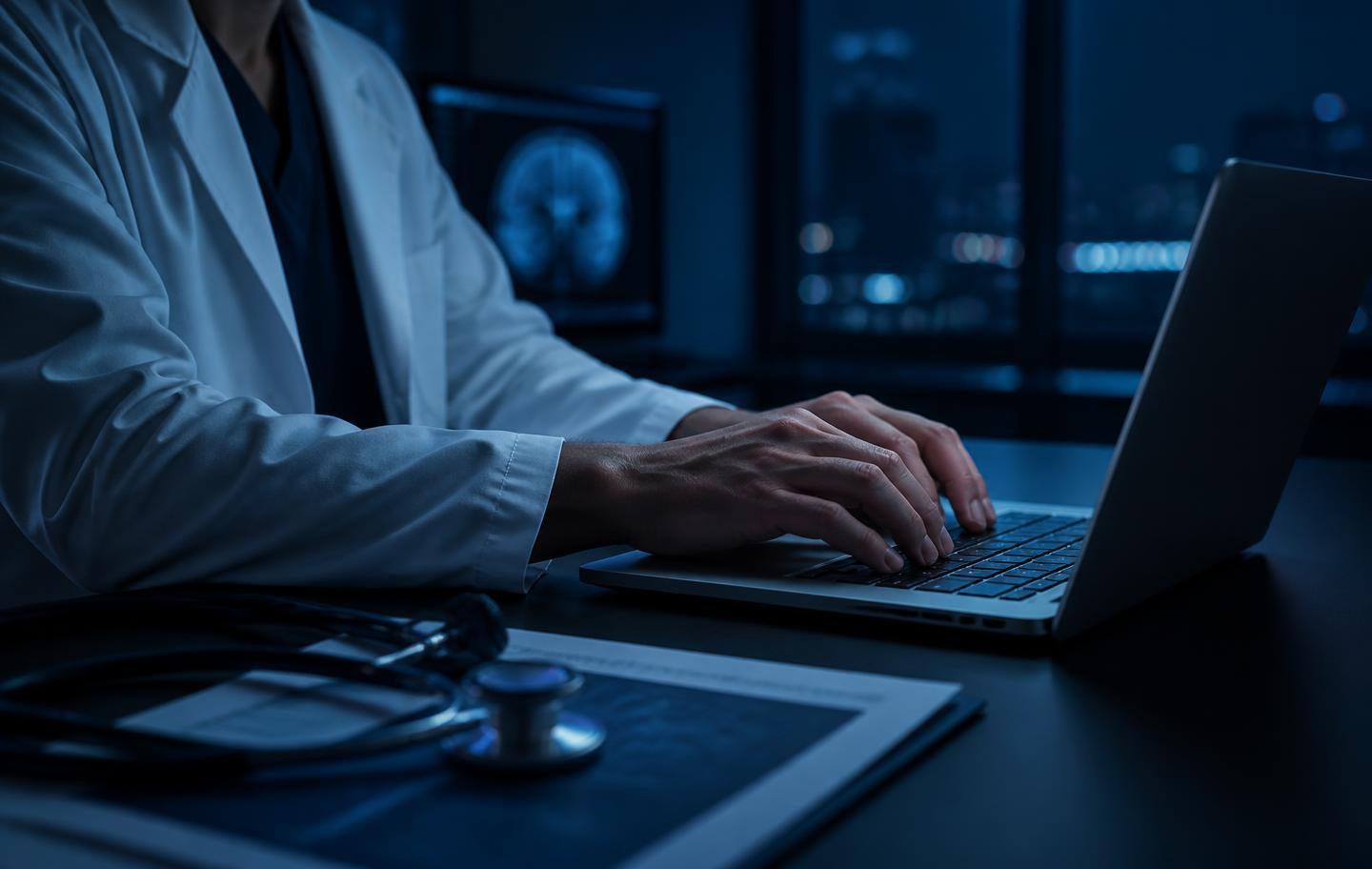 Médico montando o protocolo hormonal no computador durante a consulta