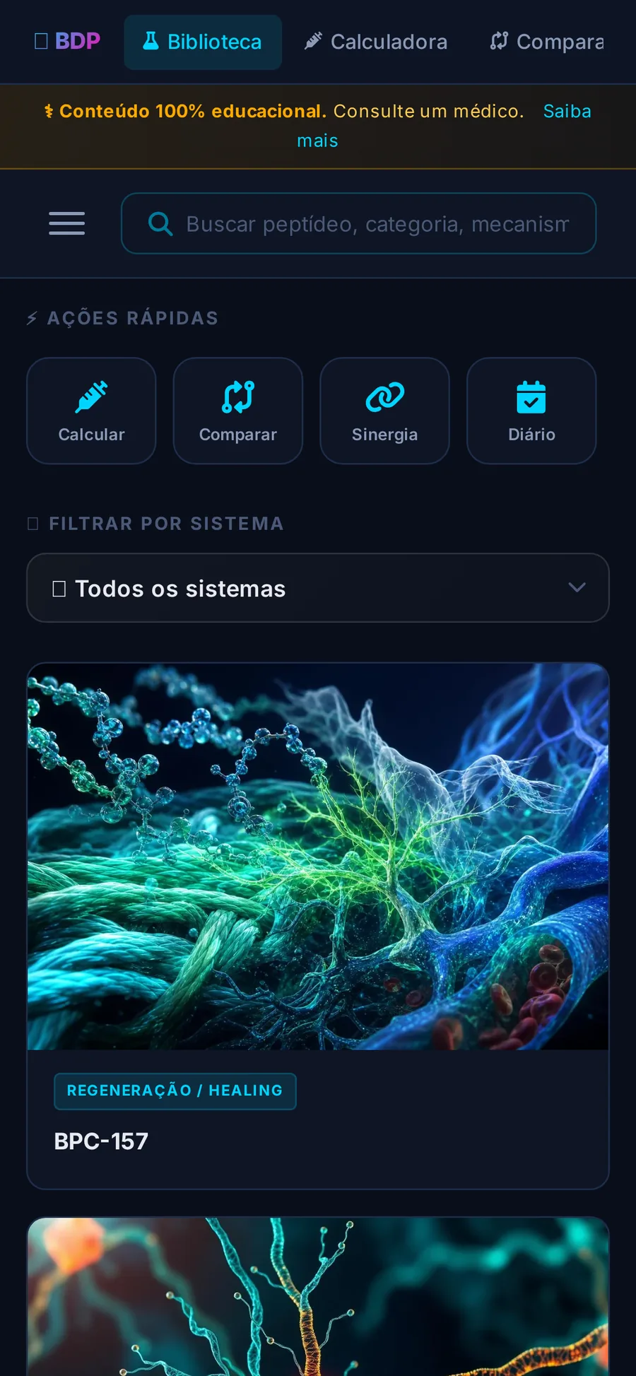 Banco dos Peptídeos em visualização mobile